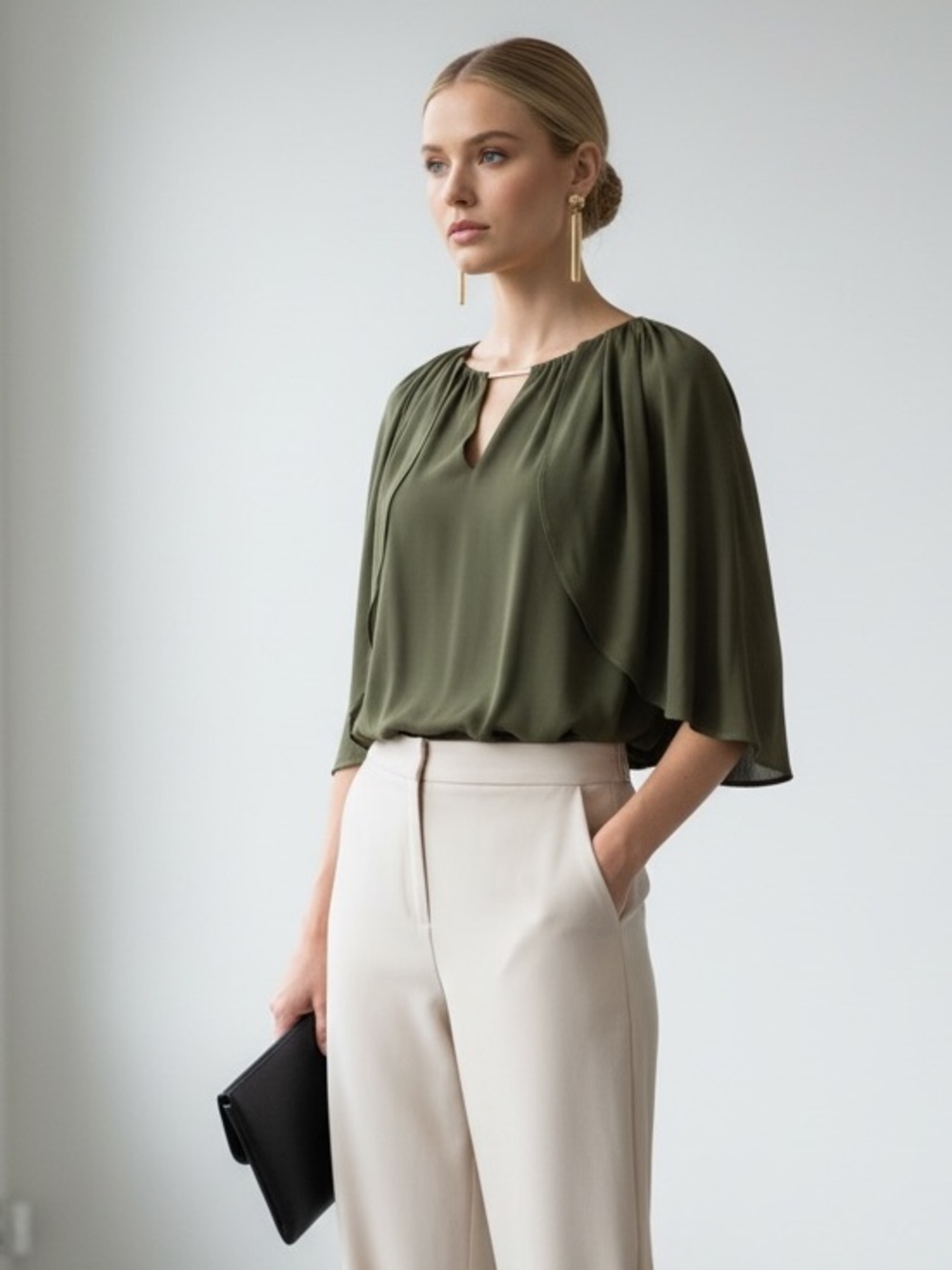 1498 • Olive Georgette Float Capelet Top w/Soft Lined Sleeveless Balloon Bodice
